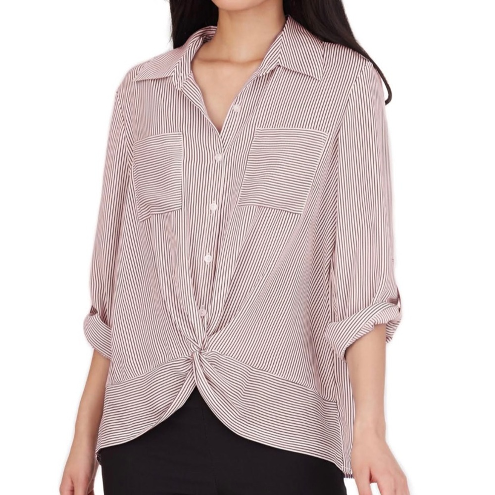 BCX Twist Front Button Up 3/4 Sleeve Striped Shirt